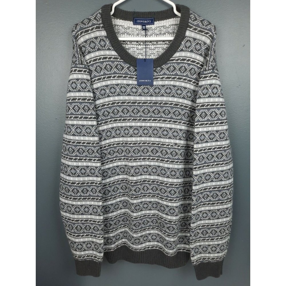 NWT Crown & Ivy Mens Fair Isle Crew Pullover Sweater XXL Gray